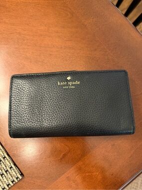 kate spade Black Pebbled Leather Continental Wallet with Gold Logo